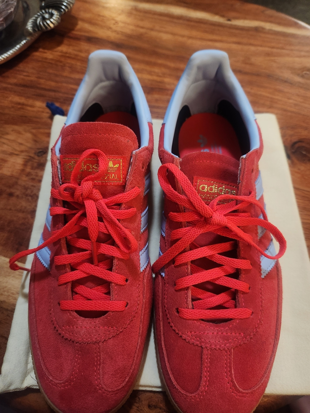 adidas Red Suede Womens Sneakers with Blue Stripes